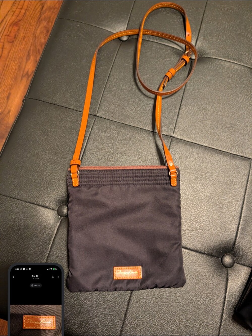 Woman's Dooney & Burke Black Crossbody Bag with Tan Trim